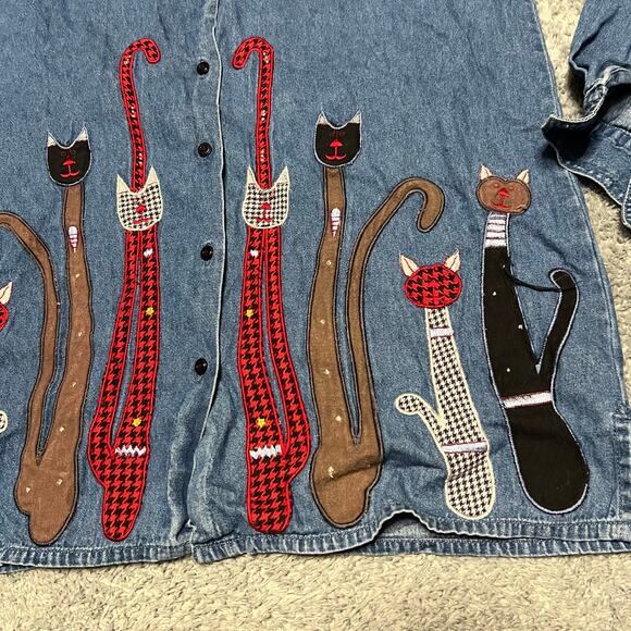 Vintage Womens 90's Bobby Brooks Embroidered Cat Large Denim Long Sleeved Shirt - Picture 2 of 7